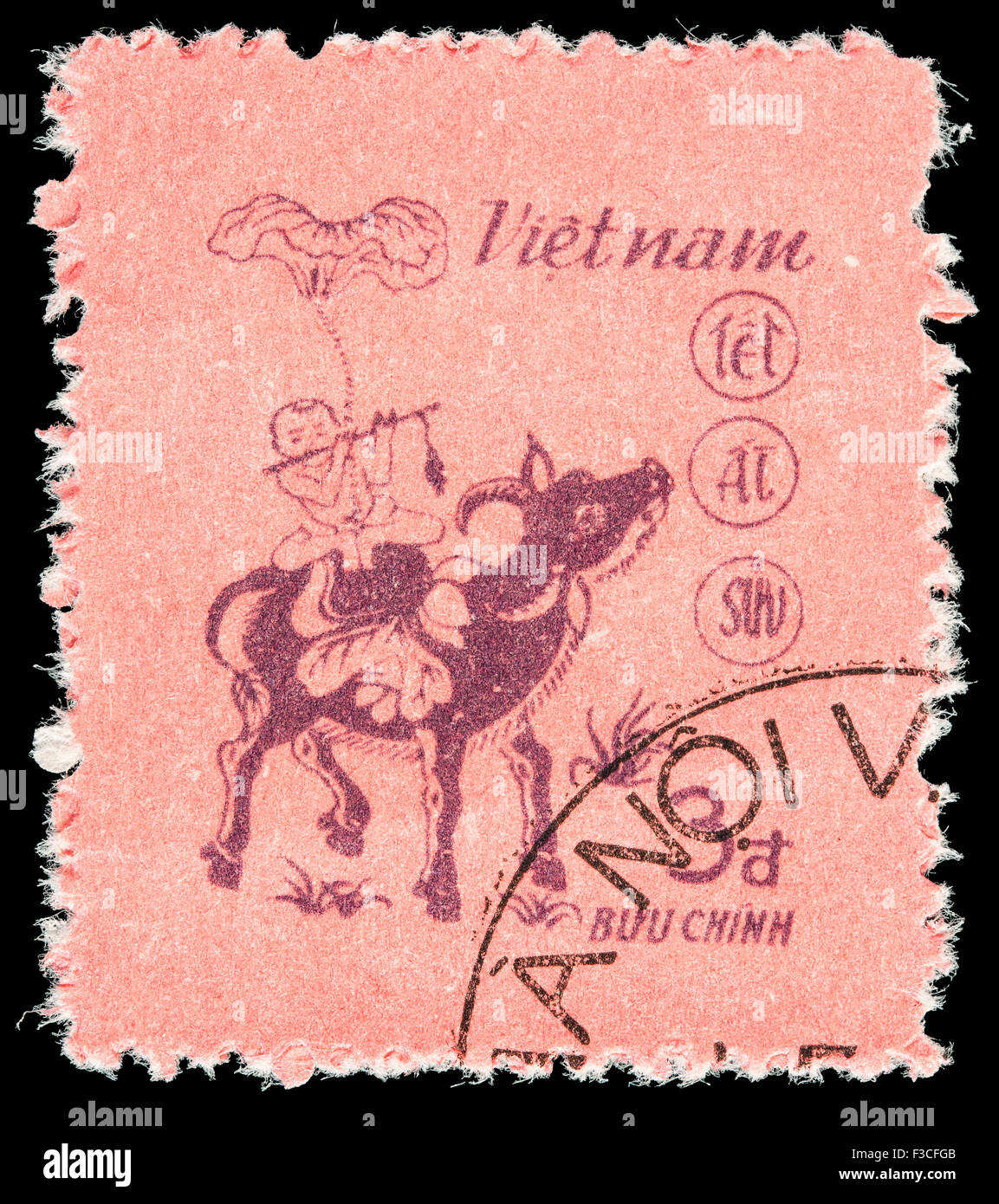 VIETNAM - ca. 1985: Eine Briefmarke gedruckt in Vietnam zeigt ein Kinder spielen auf einem Büffel, wie auf dem Dong Ho Gemälde, Cele Stockfoto