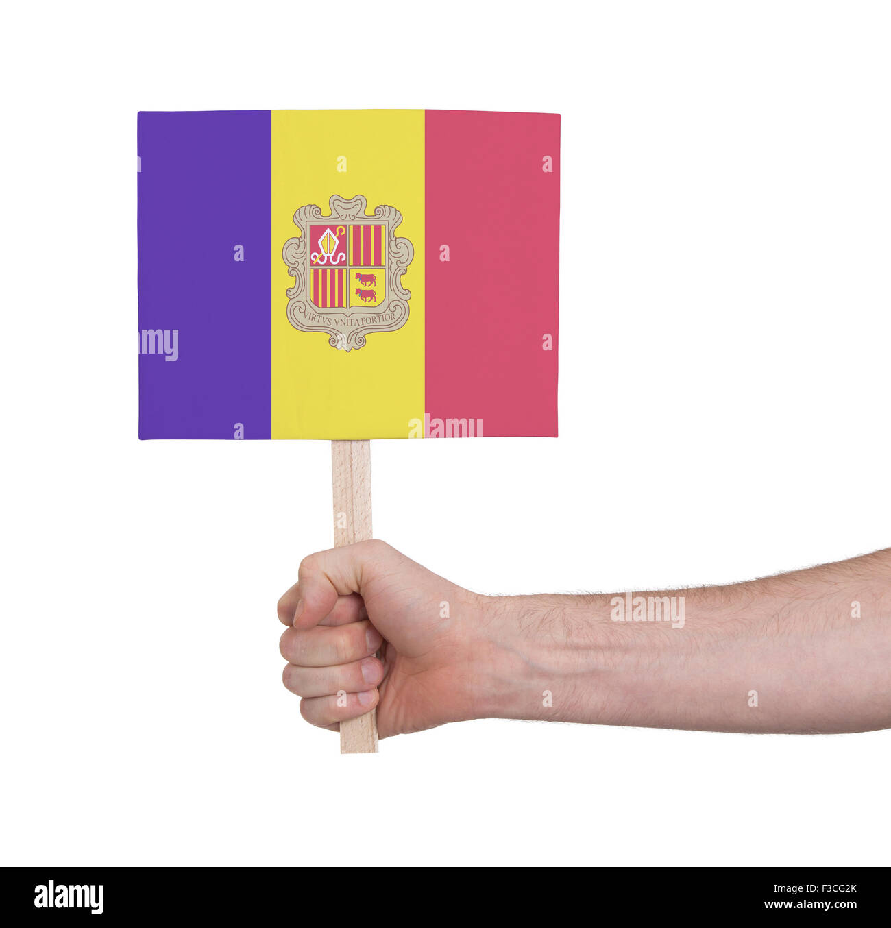 Hand, die kleine Karte, isoliert auf weiss - Flagge Andorra Stockfoto