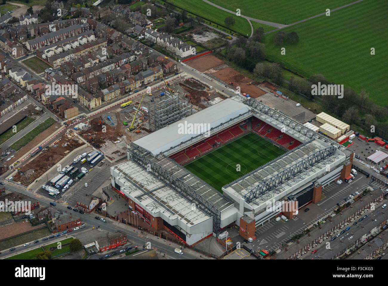Luftbild der Bauarbeiten am Stadion Anfield Road, Liverpool Stockfoto