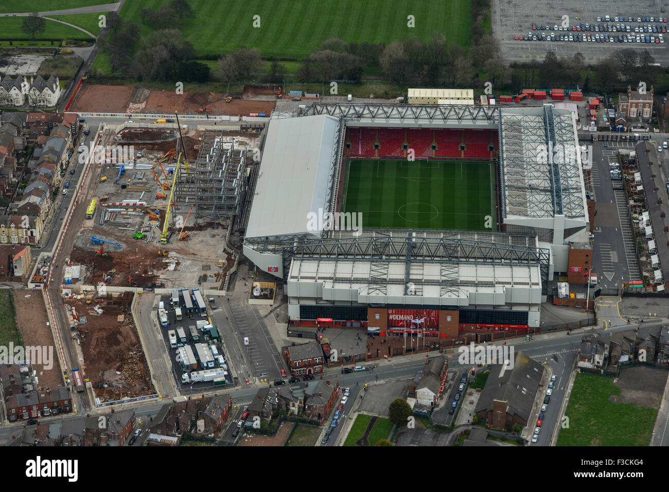 Luftaufnahme von Liverpool Football Club Stadion, Anfield Road Stockfoto