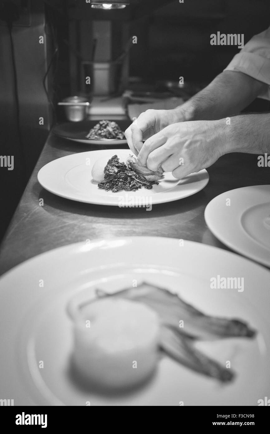 Koch, Vermittlung von Essen auf Tellern Stockfoto