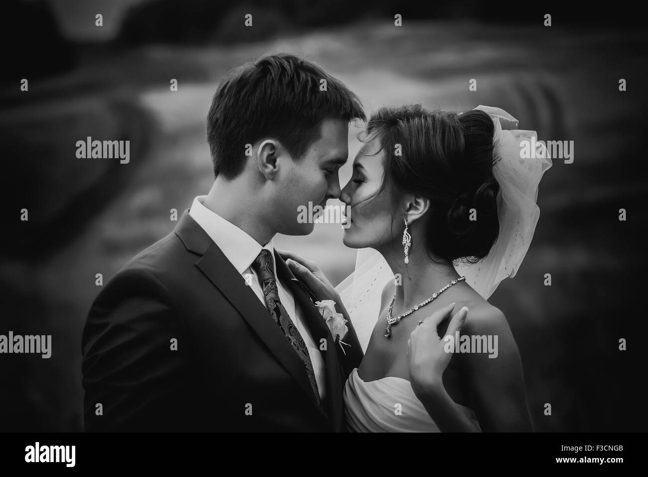Bräutigam uund Braut schwarz-weiß Hochzeitsbild Stockfoto