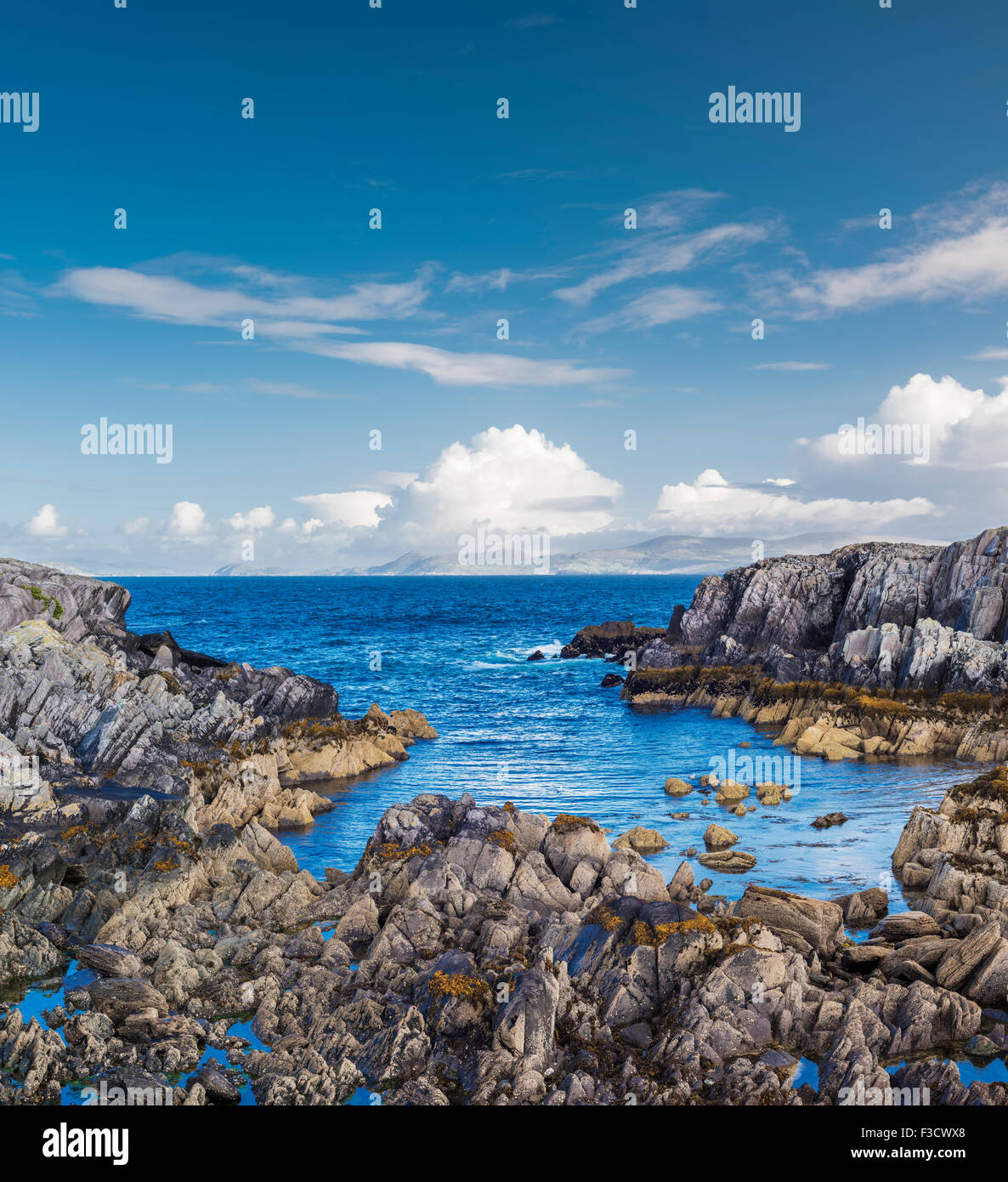 Blick von der Beara Way Wanderweg in Garinish über Ballydonegan Bucht in Richtung Allihies, Beara Halbinsel, County Cork, Irland Stockfoto