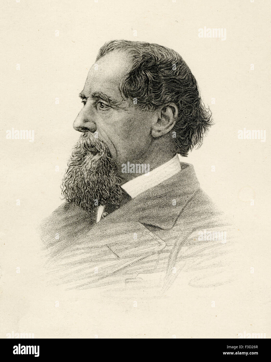 Antiken 1872 Gravur aus einer 1868 Fotografie, Charles Dickens. Charles John Huffam Dickens (1812-1870) war ein englischer Schriftsteller und Gesellschaftskritiker. Er schuf einige der weltweit bekanntesten Romanfiguren und gilt als der größte Schriftsteller des viktorianischen Zeitalters. Stockfoto