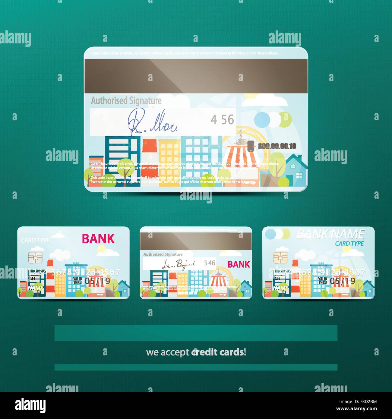 Reihe von realistisch Kreditkarten-Icons mit fiktiven Signatur, Chip und moderne Stadt Design. Vektor-urban Business-Konzept Stock Vektor