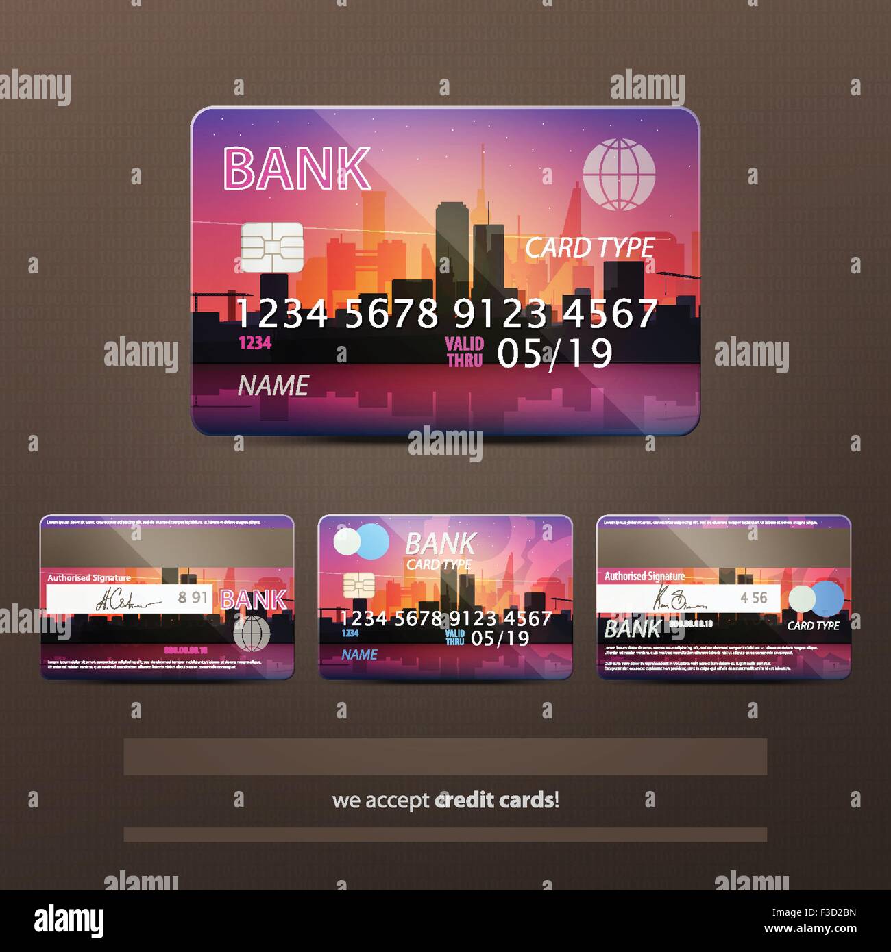 Reihe von realistisch Kreditkarten-Icons mit fiktiven Signatur, Chip und Stadtbild Design. Vektor-urban Business-Konzept Stock Vektor