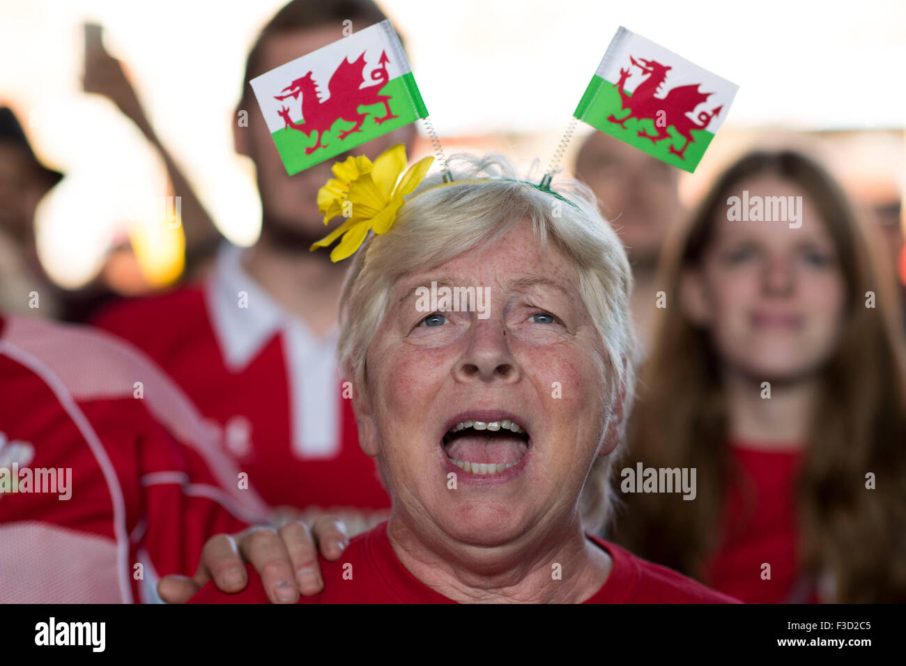Wales Rugby-Fans unterstützen Wales, wie sie die Rugby-Weltmeisterschaft 2015 in der Fanzone in Cardiff zu sehen. Stockfoto