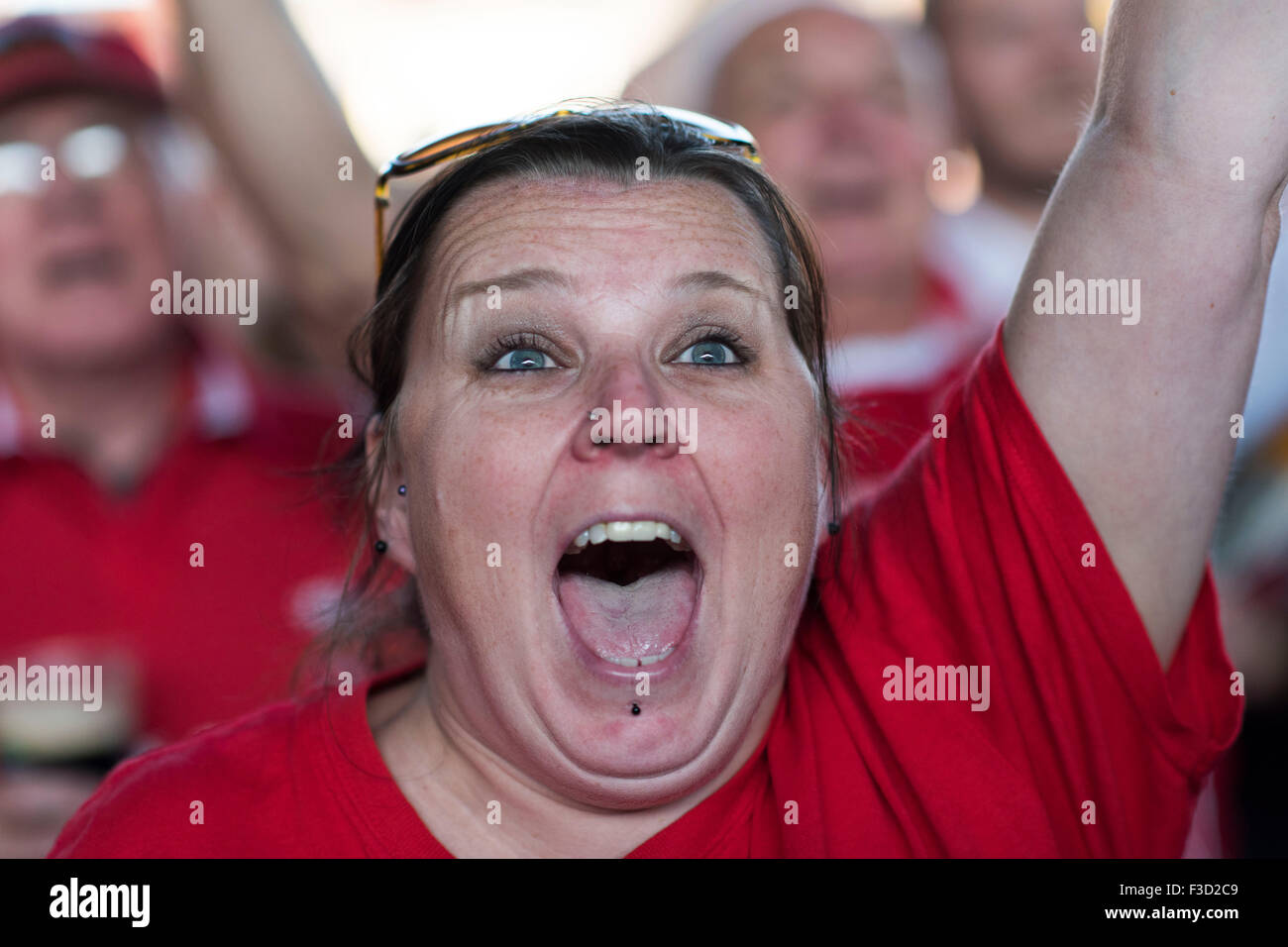 Wales Rugby-Fans unterstützen Wales, wie sie die Rugby-Weltmeisterschaft 2015 in der Fanzone in Cardiff zu sehen. Stockfoto