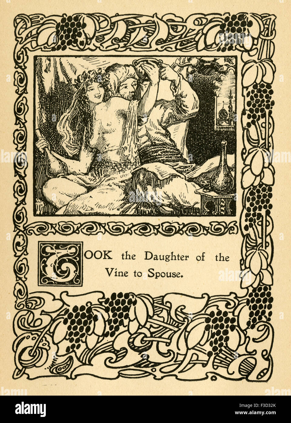 Antike 1904 Illustration aus The Rubaiyat von Omar Khayyam. "Nahm die Tochter des Weinstocks an Ehegatten." Stockfoto