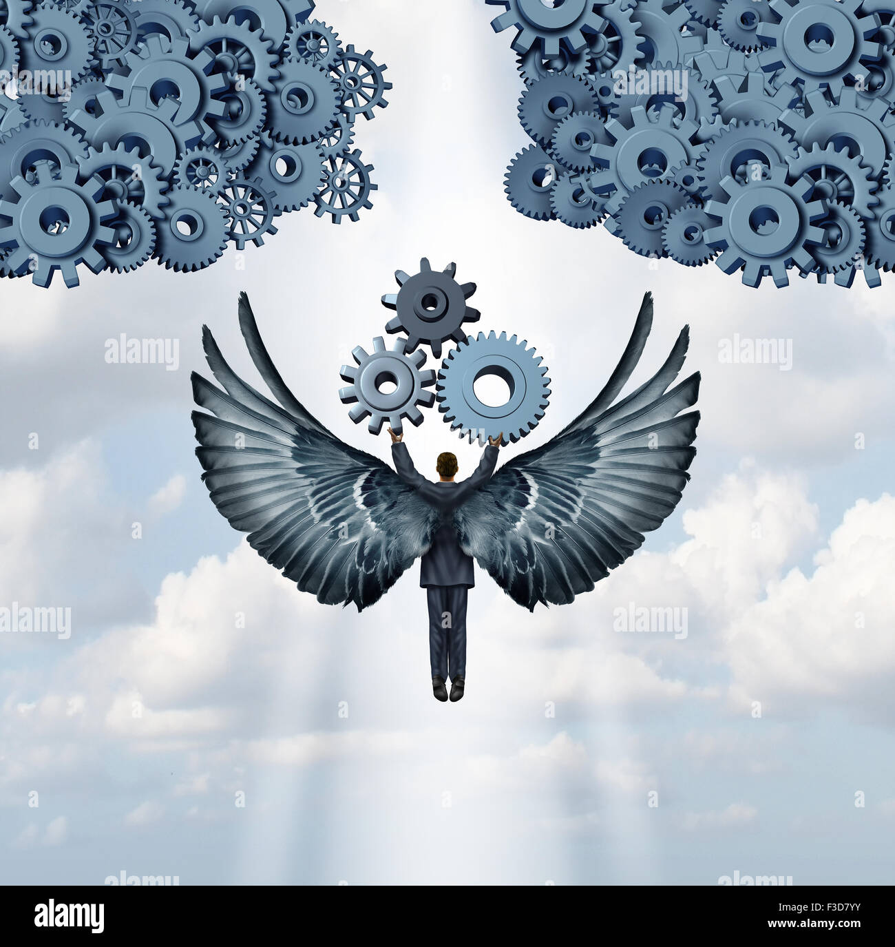 Business Angel Investor Konzept und Unternehmer Venture Capitalist Symbol als Geschäftsmann mit Flügeln fliegen nach oben mit Getriebe Stockfoto