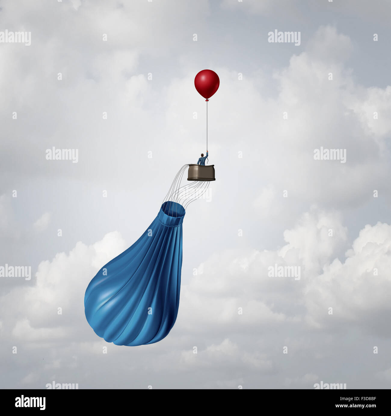 Notfall Business Plan und Krisenmanagement Strategie Metapher als Geschäftsmann in einem gebrochenen deflationiert Heißluftballon, durch einen einzigen kleinen Ballon als eine innovative Antwort Lösungsidee gerettet. Stockfoto