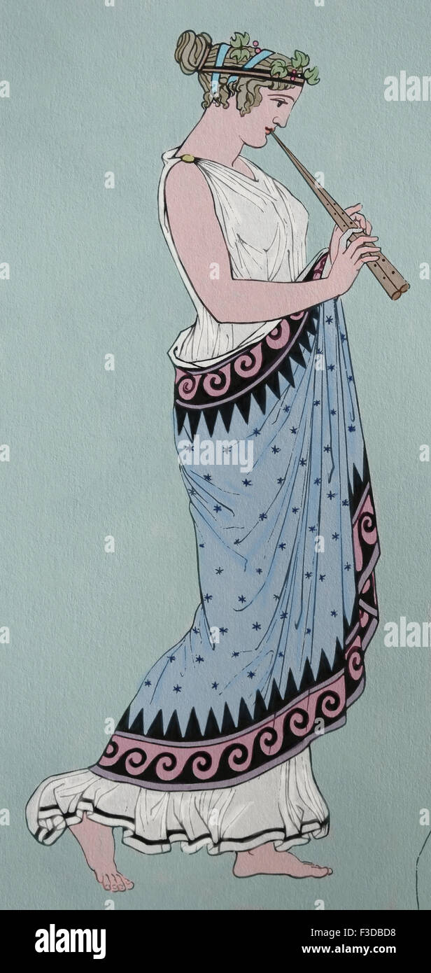 Antiken Griechenland. Frau spielt Aulos. Kupferstich, 19. Jahrhundert. Farbe. Stockfoto