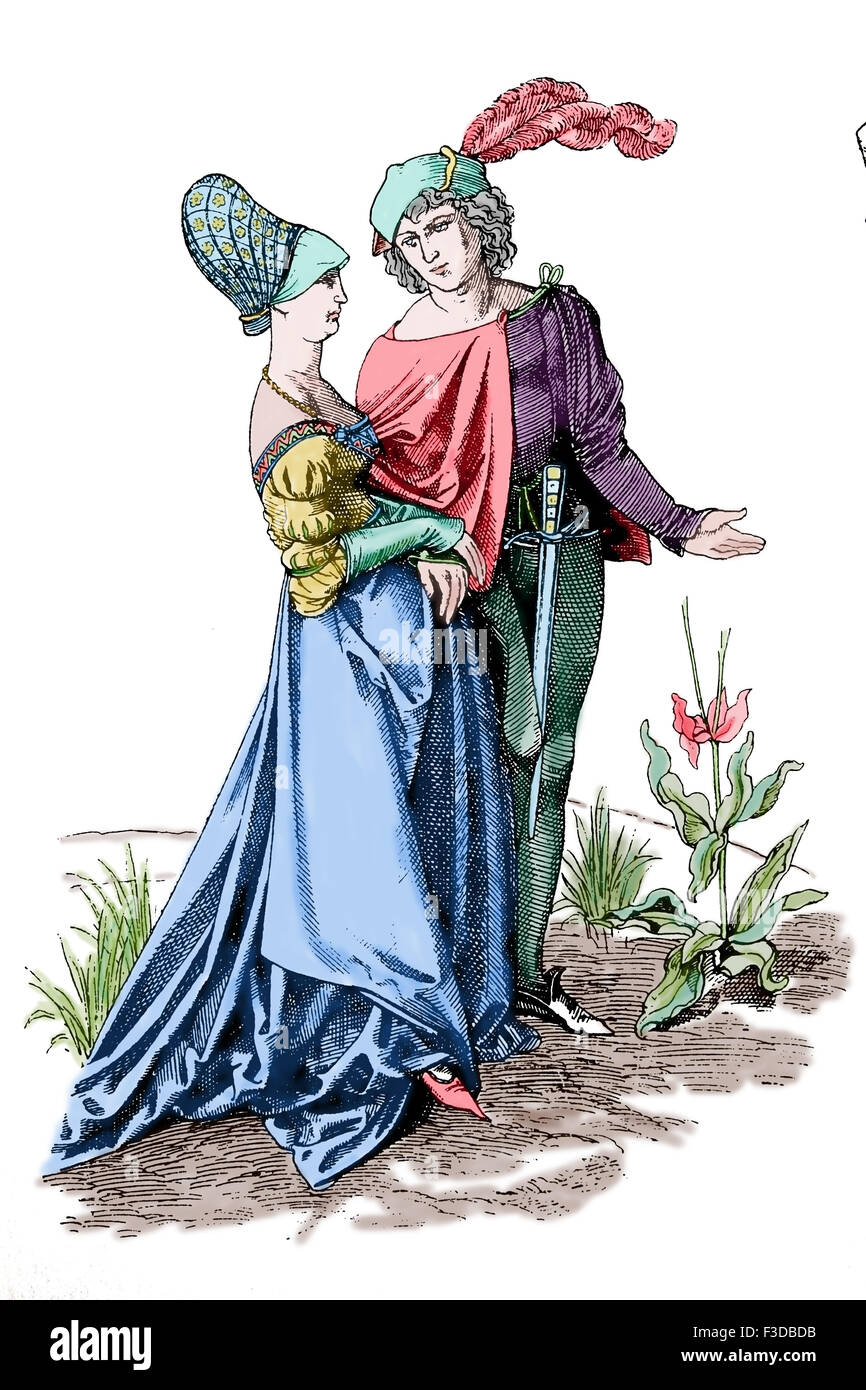 Europa. Niederländische Adelige, 1480. Gravur. Farbe. Stockfoto