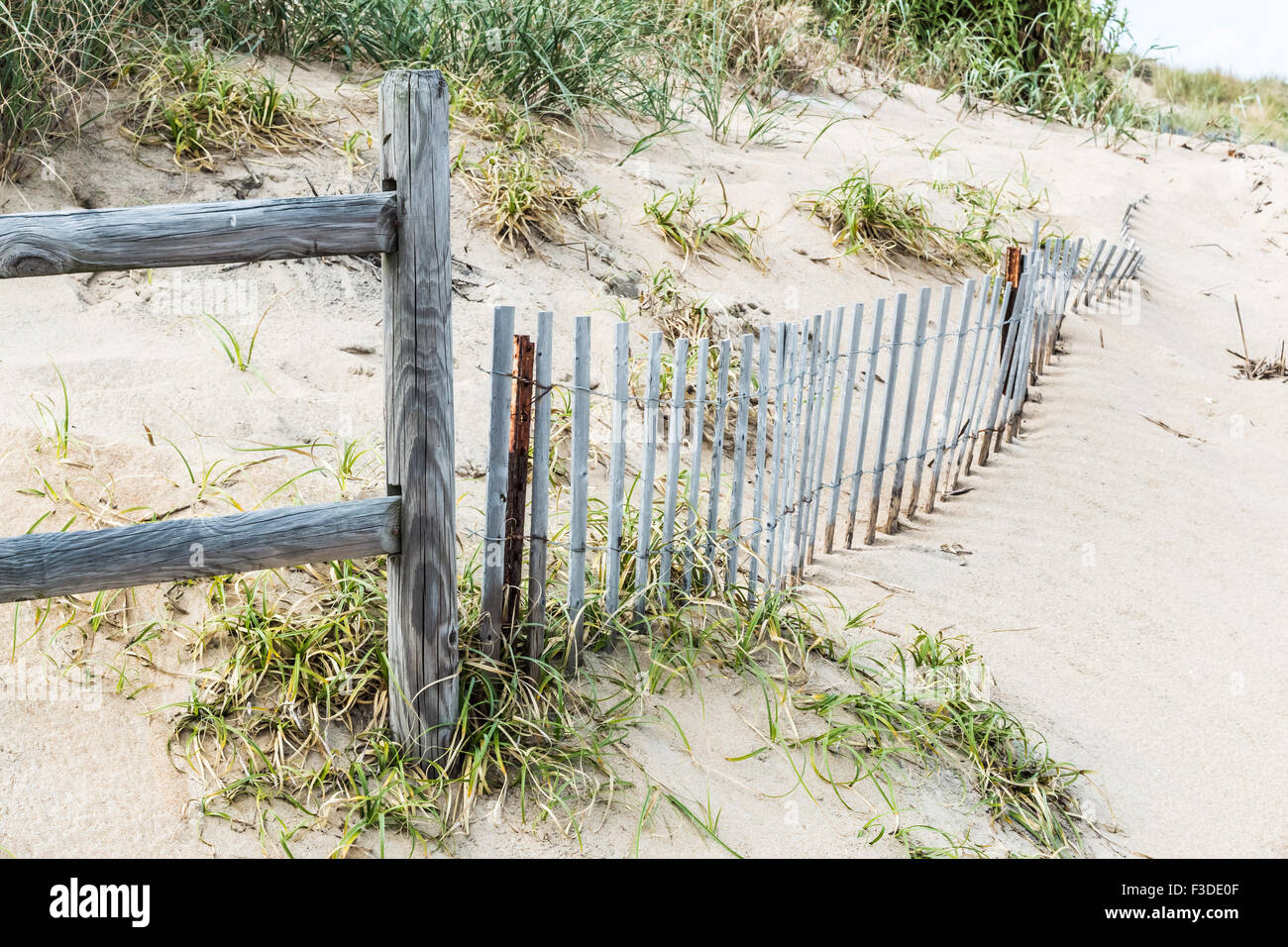 Pickett Zaun und Holzgeländer an Sandbridge Stockfoto