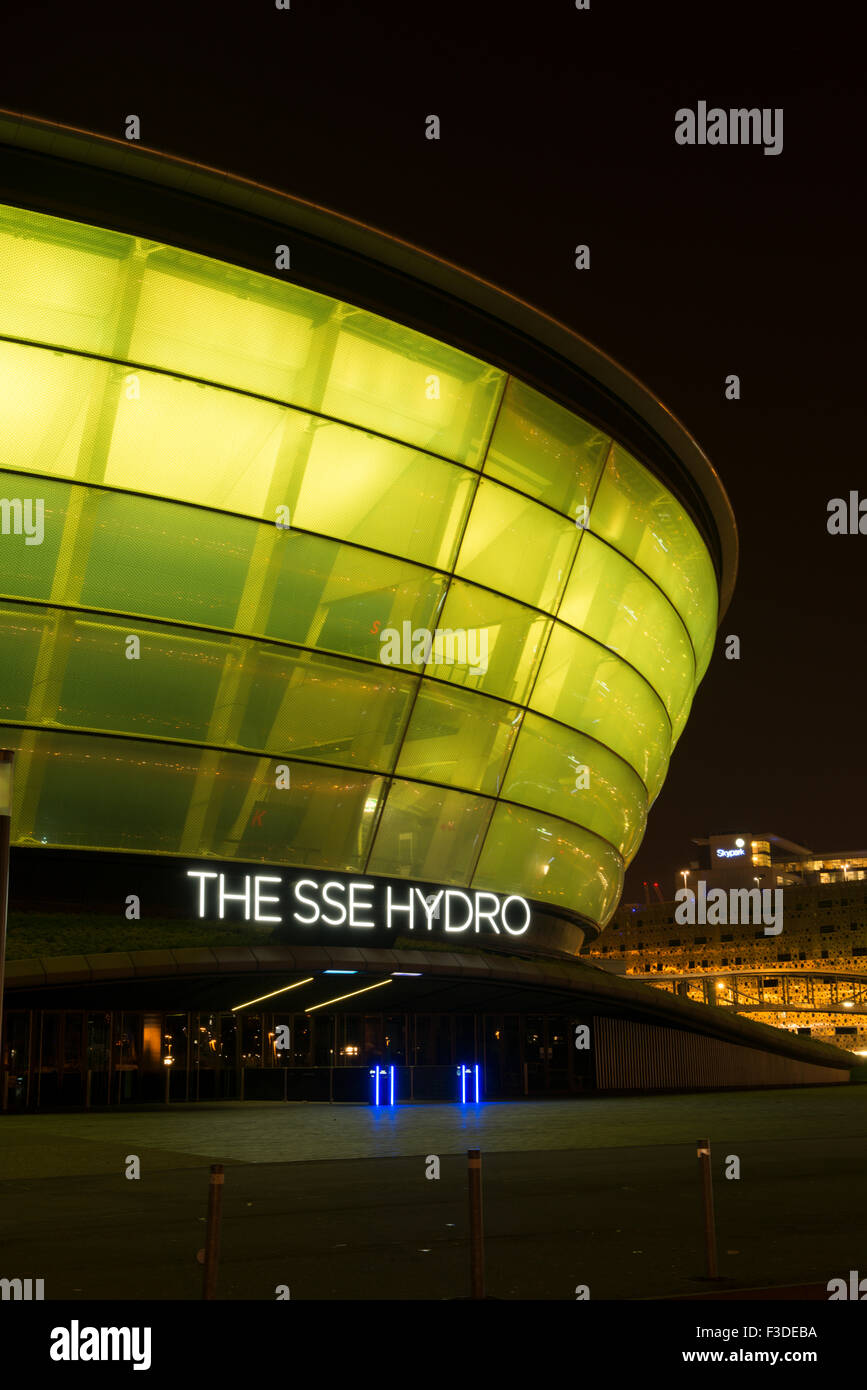 SSE Hydro Konzert Halleneingang in der Nacht, Glasgow, Schottland, UK, Stockfoto