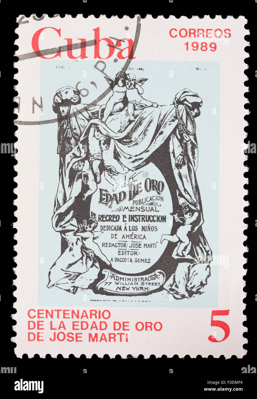 Kuba - CIRCA 1989: Eine Briefmarke gedruckt in Kuba zeigt das Cover der das goldene Zeitalter, das Buch von Jose Martis, circa 1989 Stockfoto