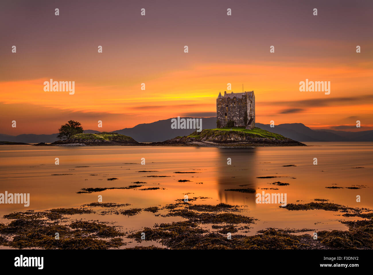 Sonnenuntergang über Castle Stalker, Highlands, Schottland, Vereinigtes Königreich. Langzeitbelichtung und Hdr verarbeitet. Stockfoto