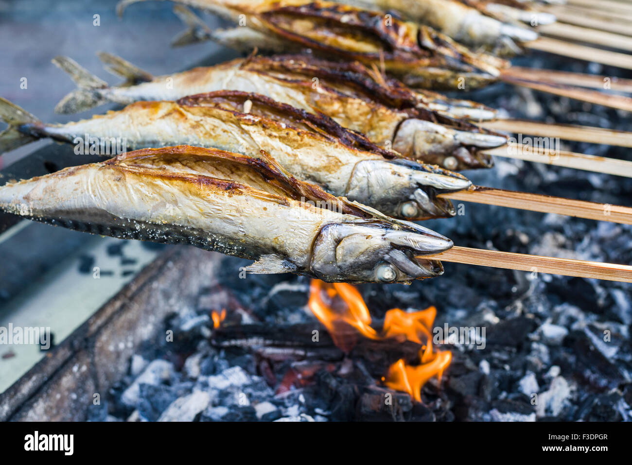 Stockfisch, Fischgericht zubereitet auf Holzstab wird gegrillt, Grainau, Bayern, Deutschland Stockfoto