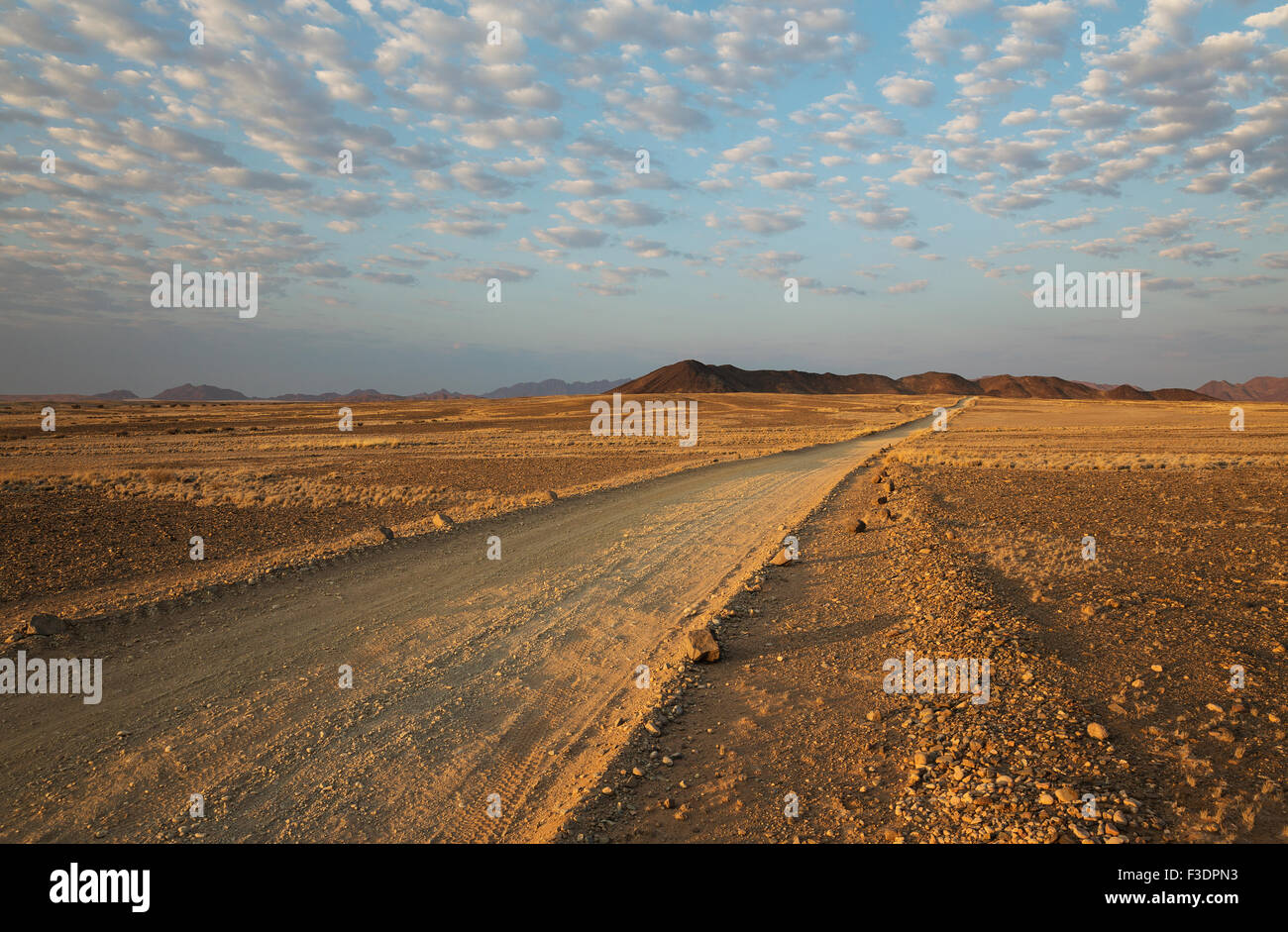 Schotterstraße auf trockenen Ebene, isolierte Bergrücken, flauschigen Wolken am Rande der Namib Wüste, Abendlicht Stockfoto