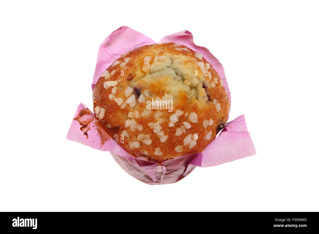 Ein Blaubeer-Muffin in einer Papierverpackung isoliert gegen weiß Stockfoto