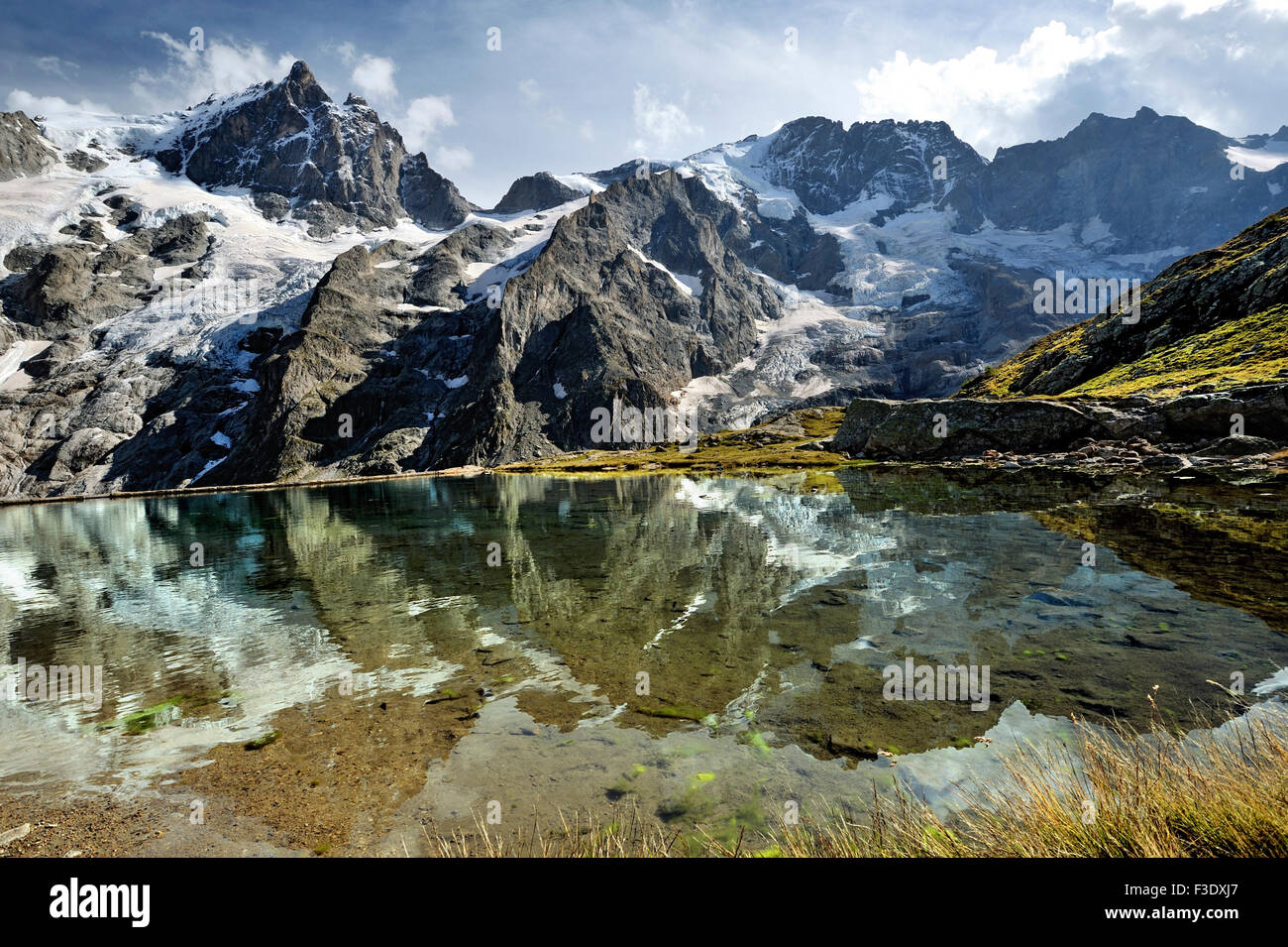 Panoramablick auf die Gletscher von La Meije mit Reflexion in einem künstlichen See auf halbe Höhe, Französische Alpen, Frankreich Stockfoto