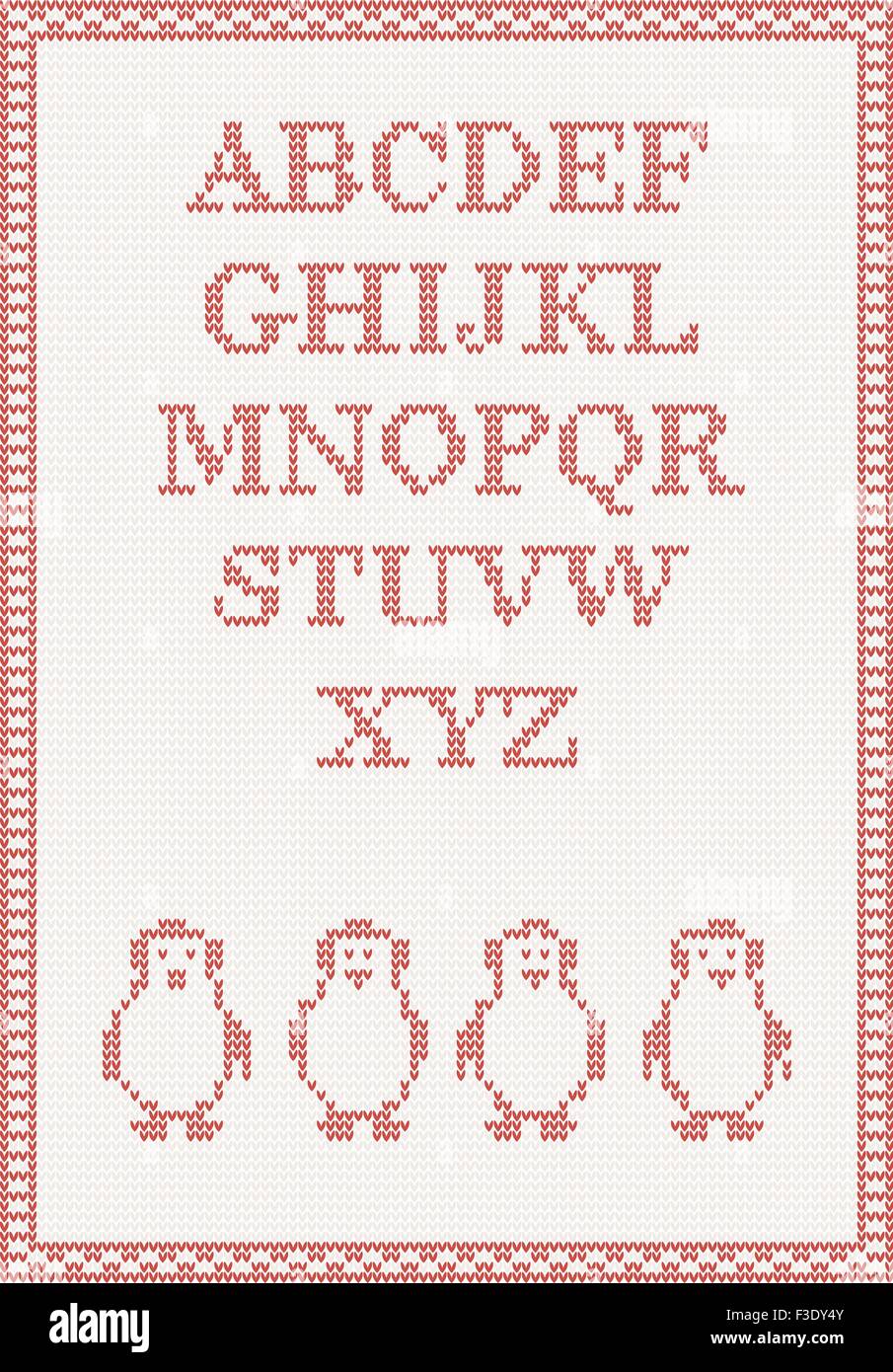Roten gestrickte Alphabet mit Pinguin Vektor-illustration Stock Vektor
