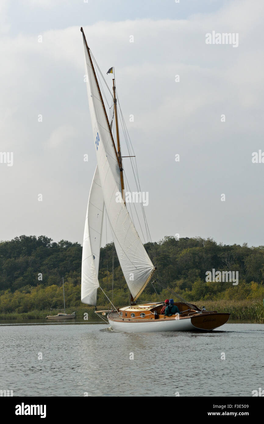 Traditionelle Gaffel getakelt Broads Segelyacht auf breiten Barton, Norfolk Broads National Park Stockfoto