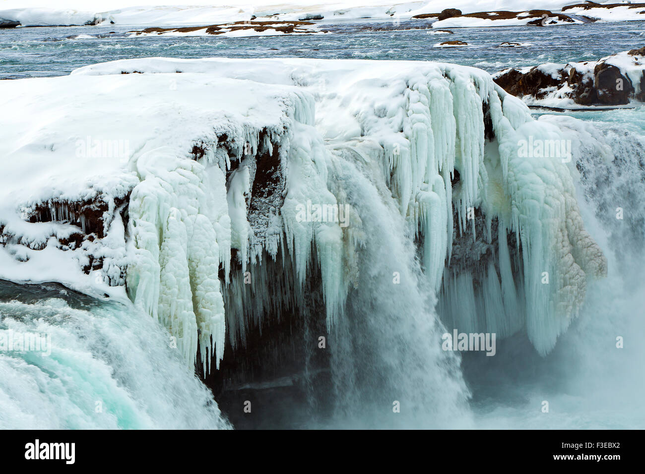 Nahaufnahme von gefrorenen Wasserfall Godafoss in Island, Winter Stockfoto