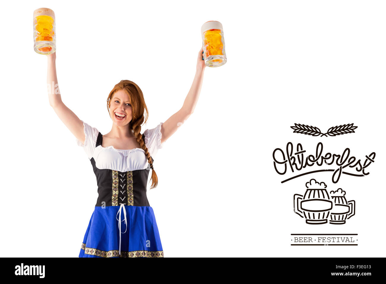 Zusammengesetztes Bild des Oktoberfest Mädchen halten Krüge Bier Stockfoto