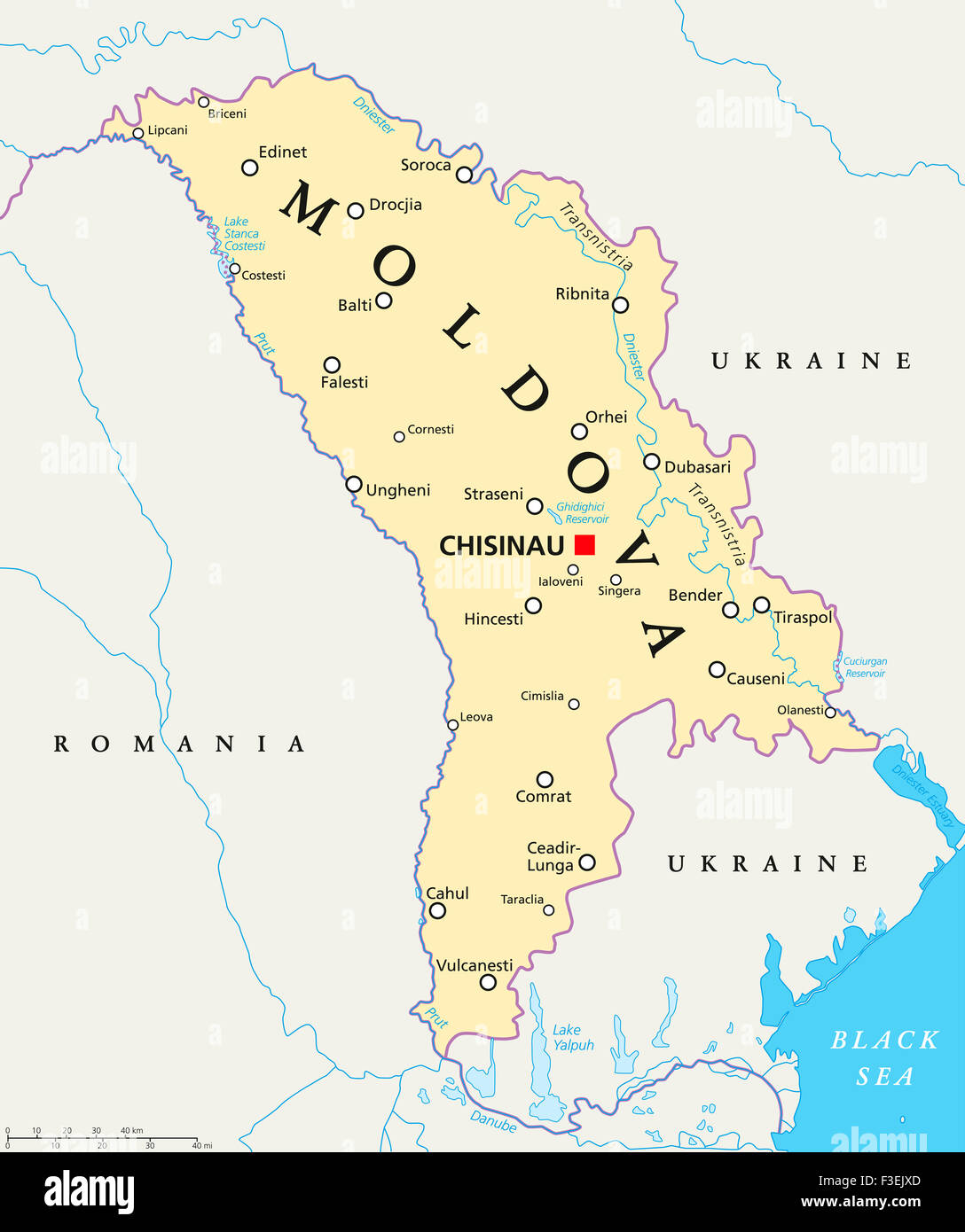 Republik Moldau politische Karte mit Hauptstadt Chisinau, Landesgrenzen, wichtige Städte, Flüsse und Seen. Englische Beschriftung und Skalierung. Stockfoto