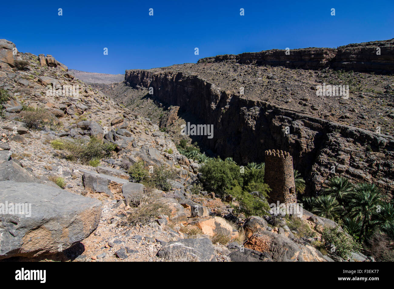 Ansicht des Turms Ruinen und Canyon in der Oase Dorf von Misfat al Abriyeen in das Sultanat Oman, Stockfoto