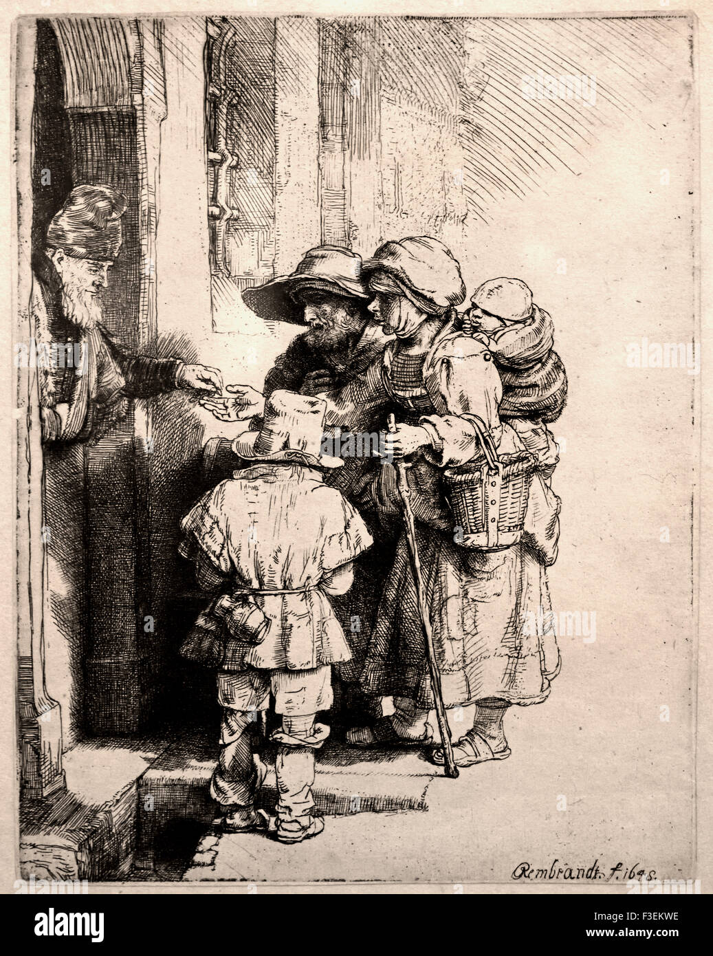 Eine Bettlerfamilie und seiner Familie empfangen Almosen 1648 Rembrandt Harmenszoon van Rijn1606 – 1669 holländischen Niederlanden Radierung Etch Stockfoto