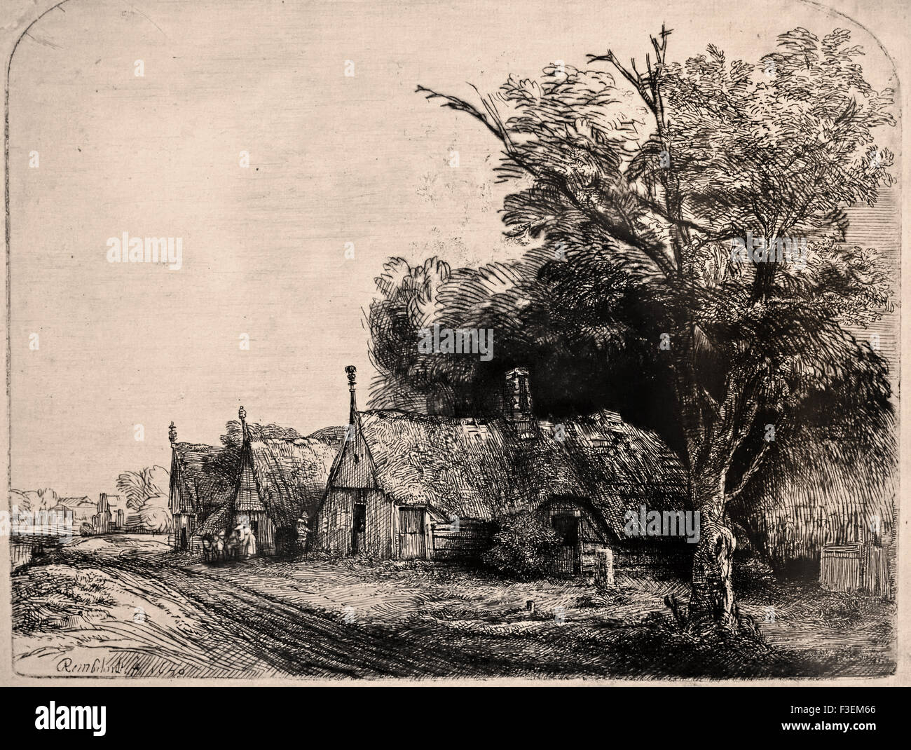 Landschaft mit drei Bauernhöfen entlang einer Straße in 1650 Rembrandt Harmenszoon van Rijn1606 – 1669 holländischen Niederlanden Radierung Etch Stockfoto