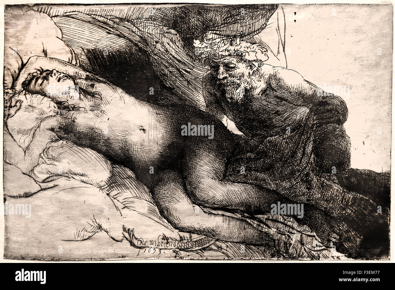 Jupiter und Antiope große Platte 1658 Rembrandt Harmenszoon van Rijn1606 – 1669 holländischen Niederlanden Radierung Etch Stockfoto