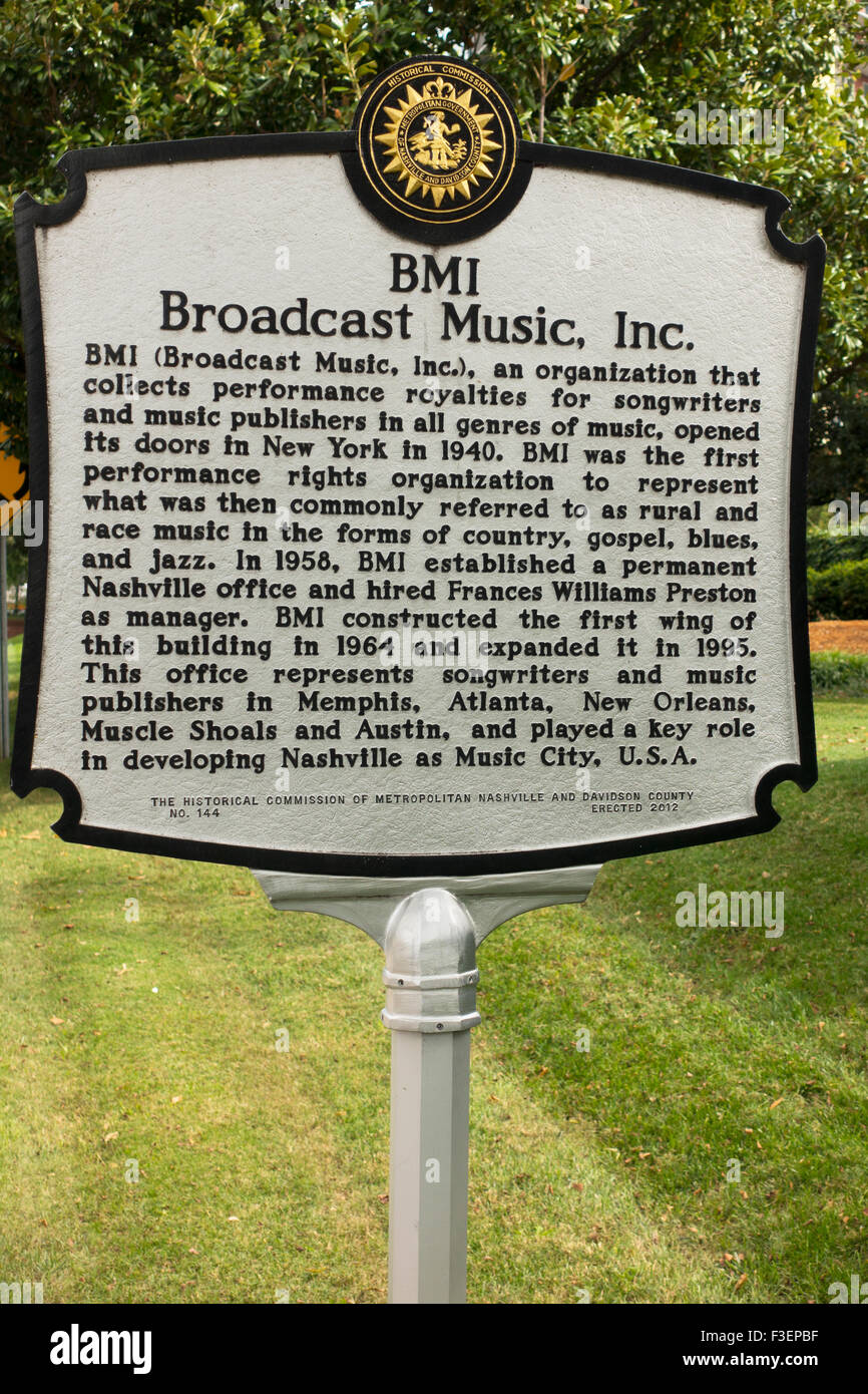 Broadcast Music inc Zeichen in Nashville Tennessee TN Stockfoto