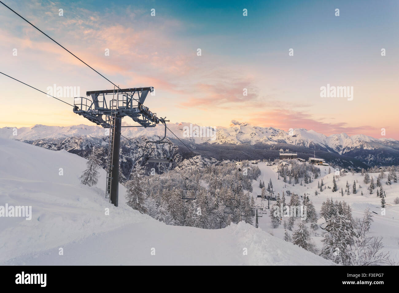 Ski Zentrum von Vogel, Naturpark Triglav, Julischen Alpen, Slowenien, Europa. Stockfoto