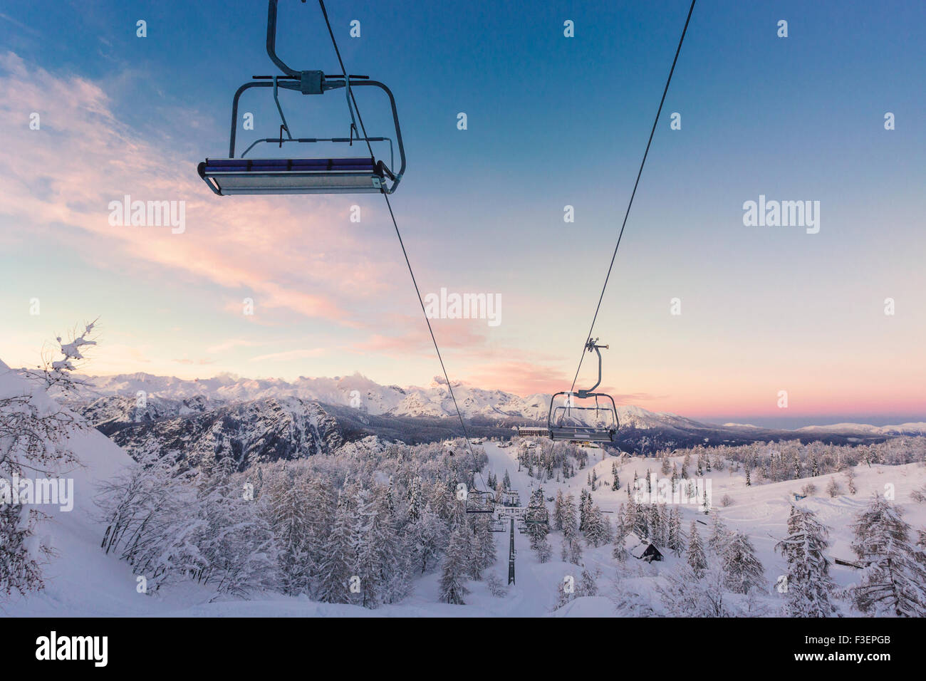 Ski Zentrum von Vogel, Naturpark Triglav, Julischen Alpen, Slowenien, Europa. Stockfoto