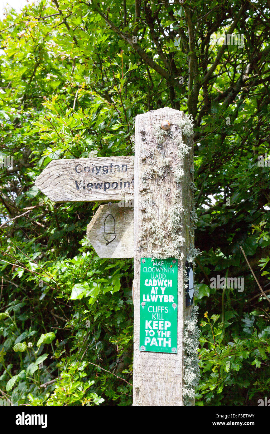 Eine Flechte verkrusteten zweisprachige Fußweg Schild am West Angle Bay in Pembrokeshire Coast National Park, Wales, Großbritannien Stockfoto