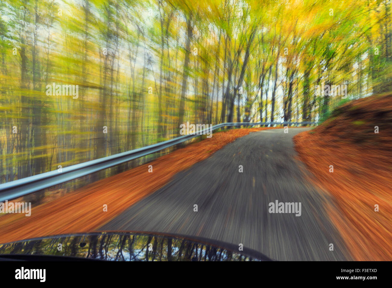 Auto fahren schnell in herbstlichen Wald Stockfoto