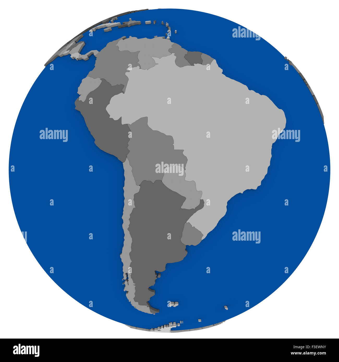 Politische Karte von Südamerika auf Globus, Abbildung, isoliert auf weißem Hintergrund Stockfoto