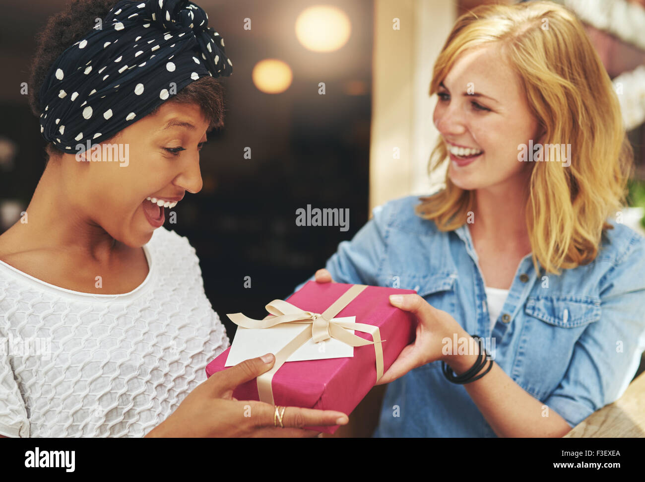 Hübsche junge blonde Frau, die eine attraktive junge afrikanische amerikanische Freundin geben ein Überraschungs-Geschenk verpackt, mit rotem Papier, einem Bogen ein Stockfoto