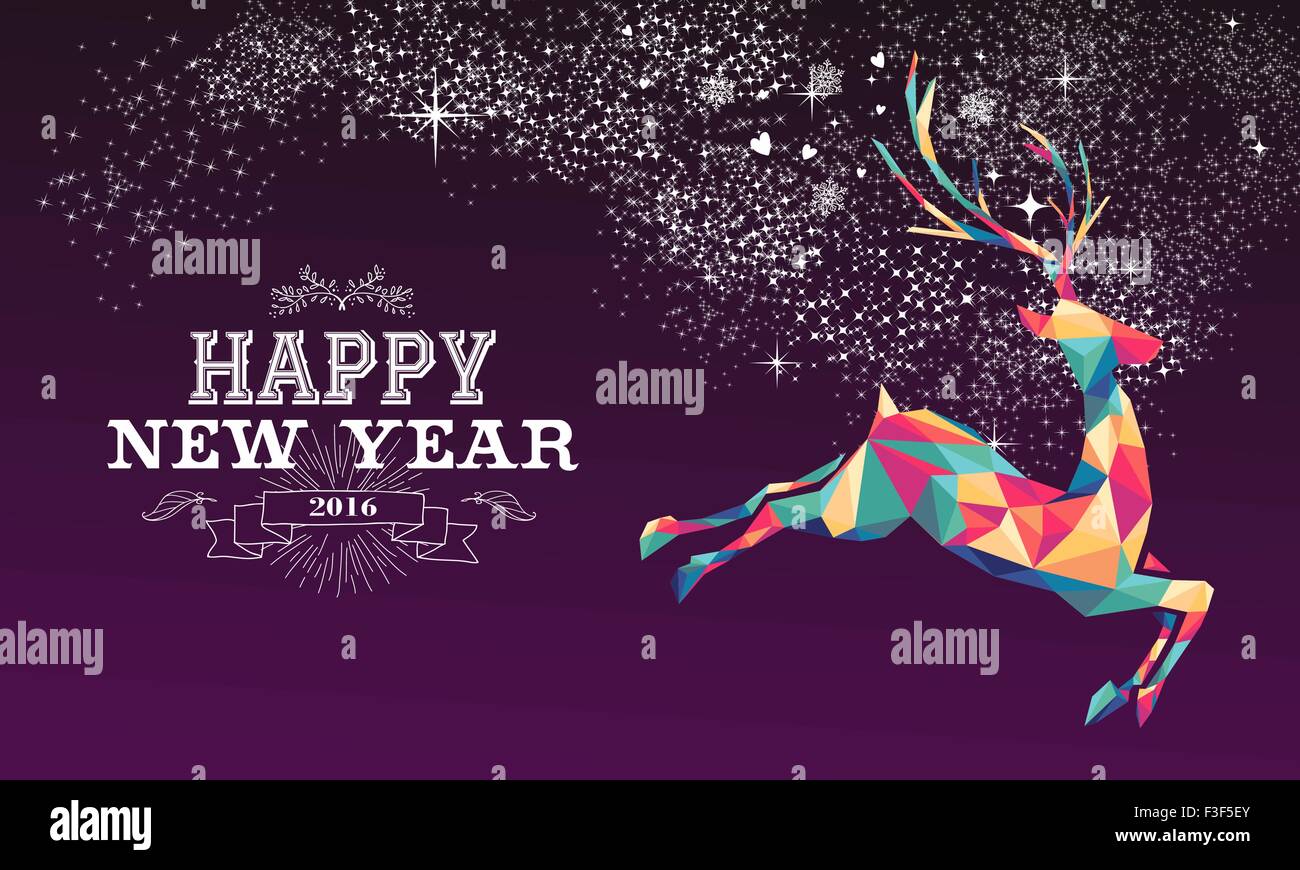 Frohes neues Jahr 2016 Grußkarte oder Poster-Design mit bunten Dreieck Rentier und Vintage Label Illustration. EPS10 Vektor. Stock Vektor