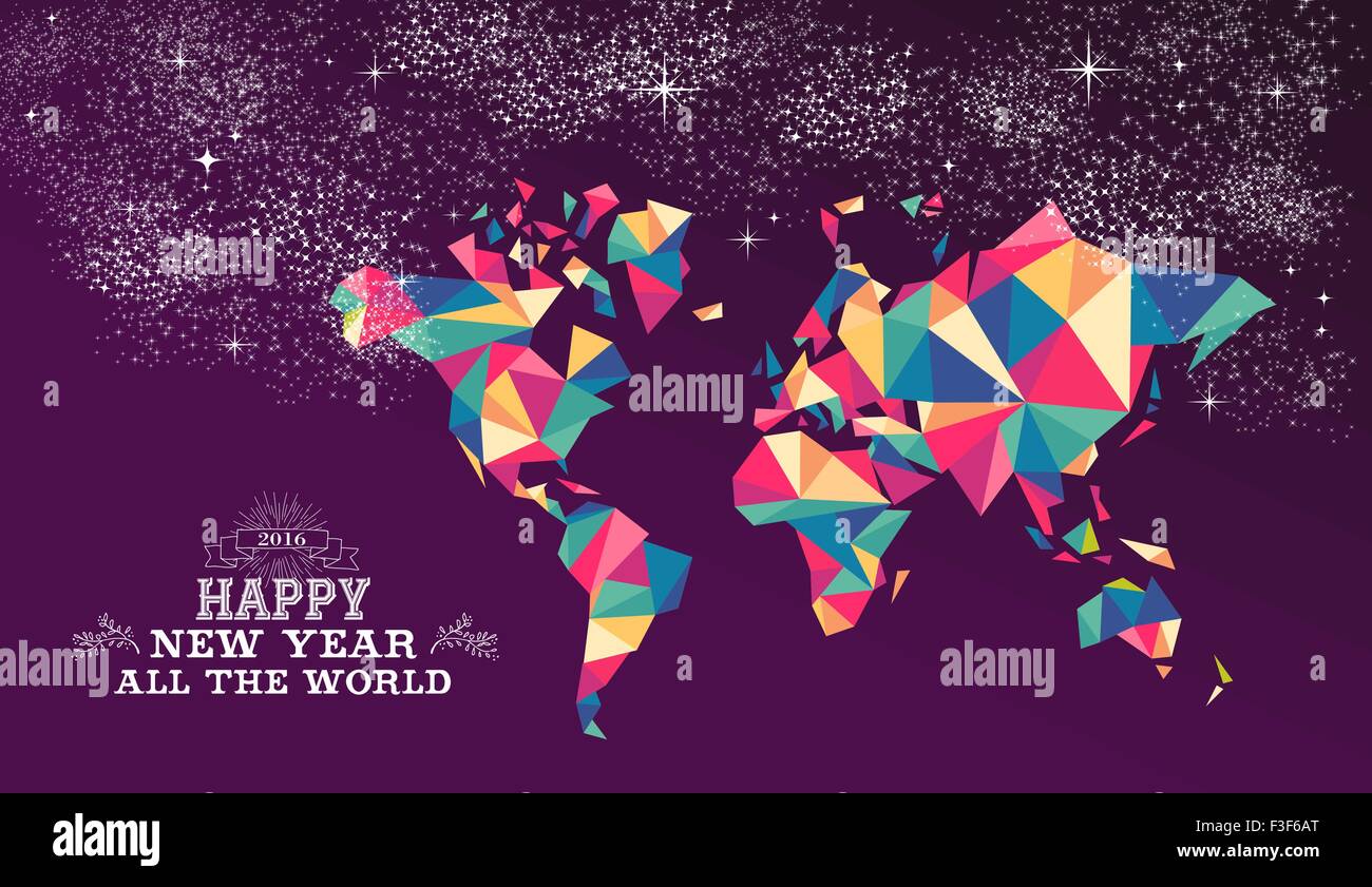 Frohes neues Jahr rund um die Welt 2016 weltweit Grußkarte oder Poster-Design mit bunten Dreieck Globus Karte und Vintage label Stock Vektor
