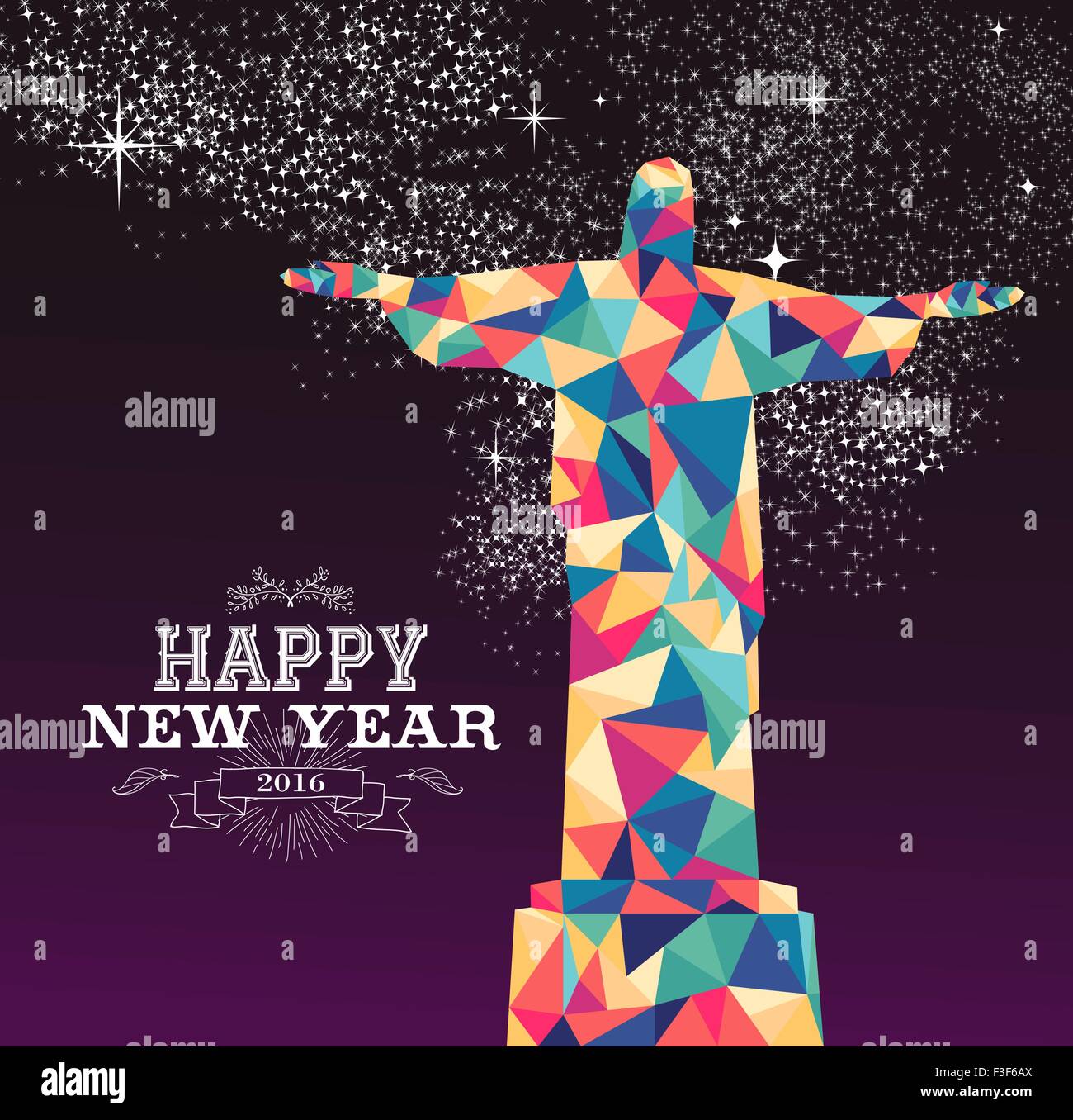 Frohes neues Jahr 2016 Grußkarte oder Poster-Design mit bunten Dreieck Rio Brasilien Statue und Vintage Label Illustration. Stock Vektor