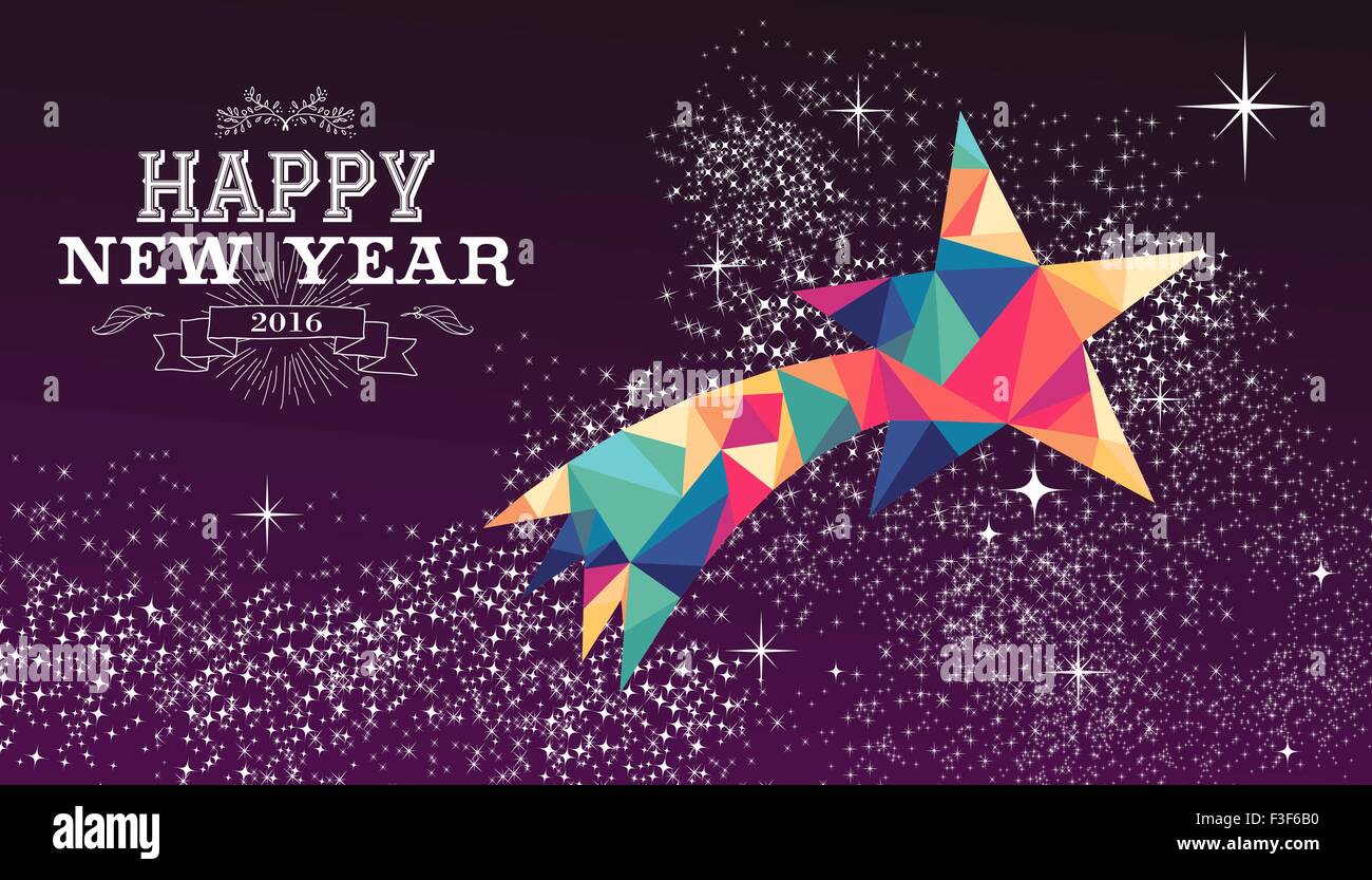 Frohes neues Jahr 2016 Urlaub Grußkarte oder Poster-Design mit bunten Dreieck Shootingstar und Label Illustration. Stock Vektor