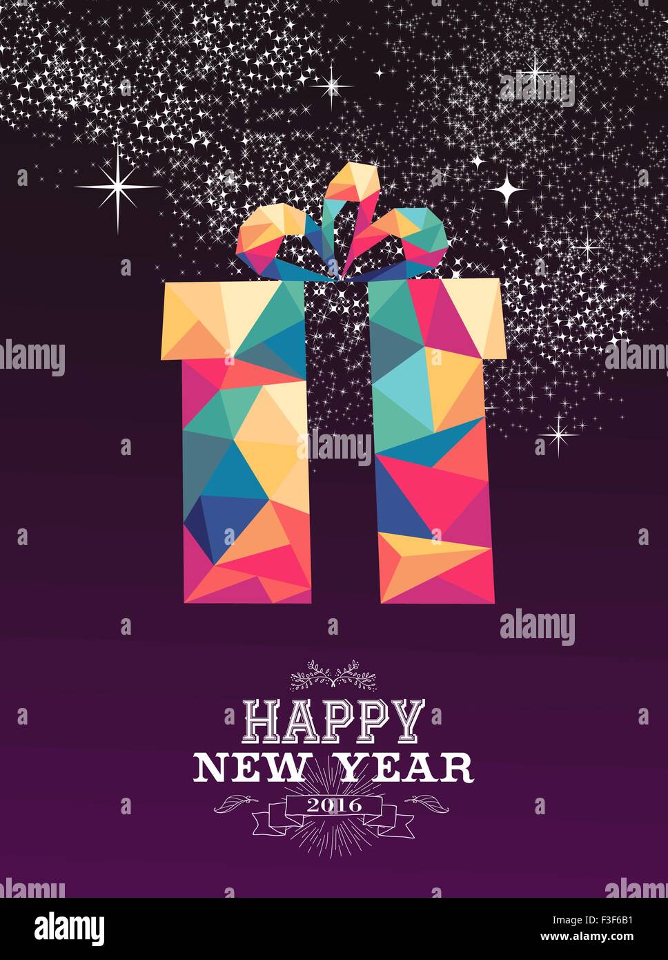 Frohes neues Jahr 2016 Grußkarte oder Poster-Design: Dreieck Stil Geschenk mit bunten Geschenkpapier und Vintage-Label Stock Vektor