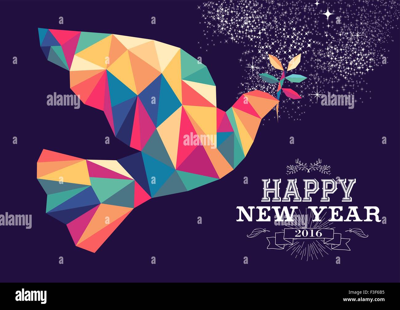 Frohes neues Jahr 2016 Grußkarte oder Poster design mit bunten Dreieck Friedens Taube und Vintage Label Illustration. Stock Vektor