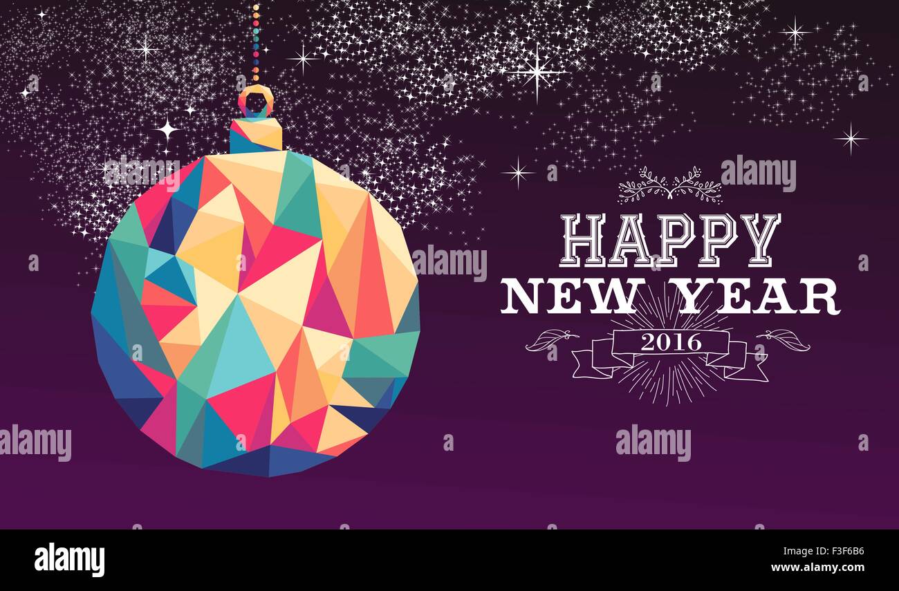 Frohes neues Jahr 2016 Urlaub Dekoration Grußkarte oder Poster-Design mit bunten Dreieck Ornament Kugel und Vintage label Stock Vektor