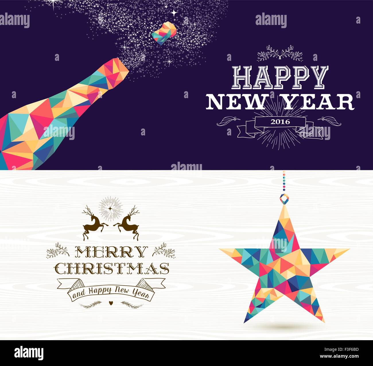 Happy New Year Champagner und Frohe Weihnachten Shootingstar in Hipster Dreieck Formen. Nützlich als Urlaub Banner oder Postkarte Stock Vektor