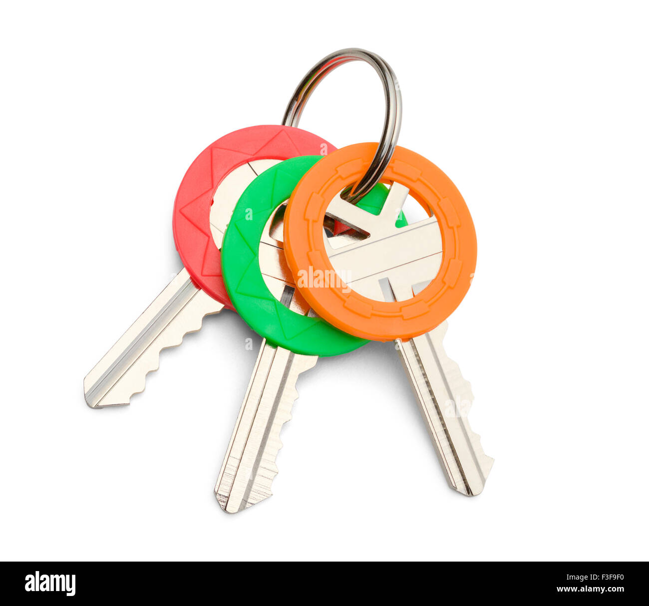 Drei Schlüssel am Schlüsselring, Isolated on White Background. Stockfoto